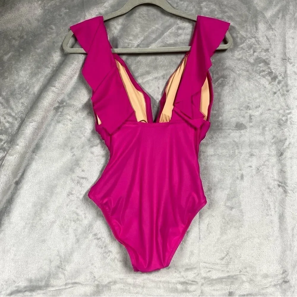 NEW J. Crew Ruched Ruffle One Piece Swimsuit Deep V Neck Size 8 Radiant Fuchsia